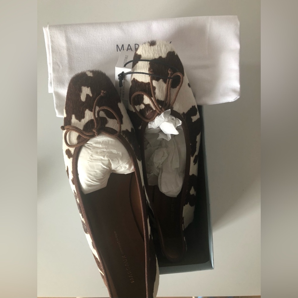 NWT Margaux Fonteyn Brown & White Hair Calf Cow print square toe Ballet Flats